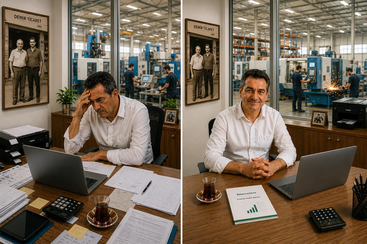 Demir Ticaret — solda finansallarını göremeyen endişeli patron, sağda BilancoSkor analiziyle rahatlamış patron